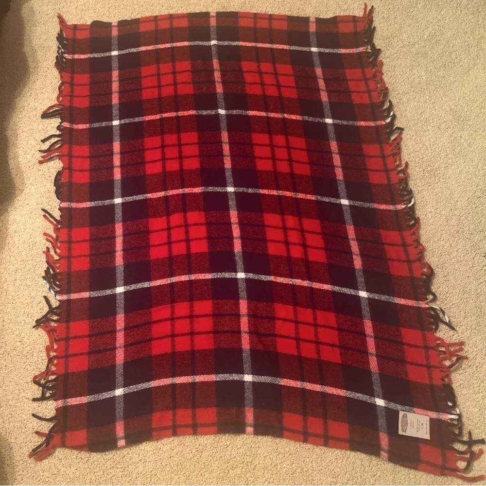 Vtg Faribo Wool Blanket Fringe Blue Red Plaid Throw Faribault Woolen Mill.